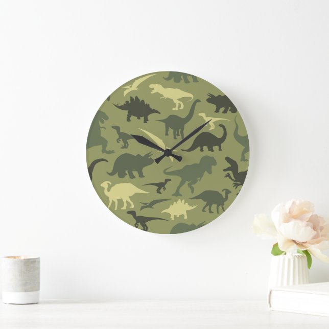 Dinosaur Pattern, Dinosaur Silhouette, Green Dino Large Clock (Home)