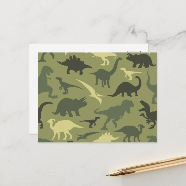 Dinosaur Pattern, Dinosaur Silhouette, Green Dino Postcard (Front/Back In Situ)