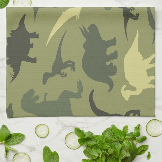 Dinosaur Pattern, Dinosaur Silhouette, Green Dino Tea Towel (Folded)