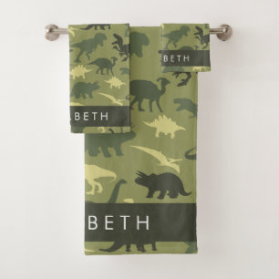 Dinosaur Pattern, Dinosaur Silhouette, Your Name Bath Towel Set