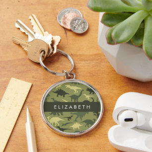 Dinosaur Pattern, Dinosaur Silhouette, Your Name Key Ring