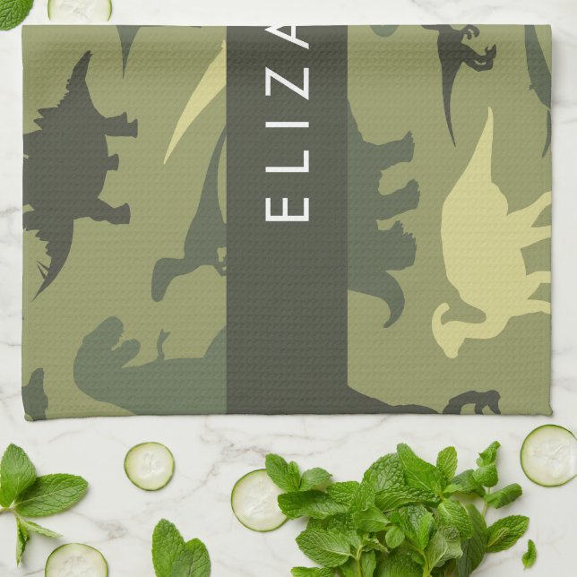 Dinosaur Pattern, Dinosaur Silhouette, Your Name Tea Towel (Folded)