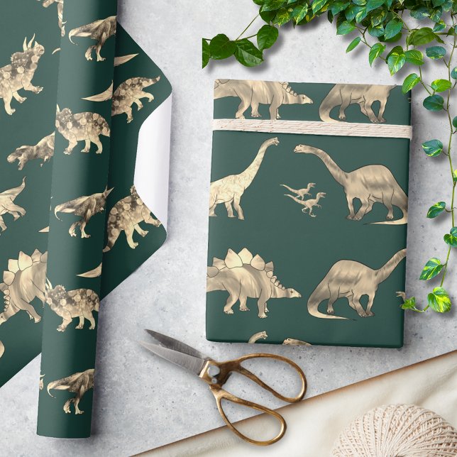 Dinosaur Pattern Green Wrapping Paper (Dinosaur pattern green wrapping paper for dino lovers includes T-Rex velociraptor stegosaurus )