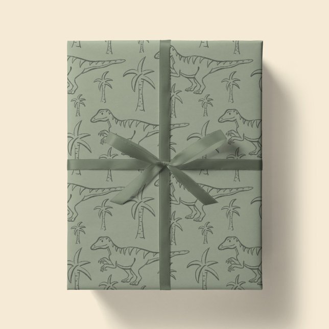Dinosaur Pattern Modern Boy Dino Jungle Sage Green Wrapping Paper (Creator Uploaded)