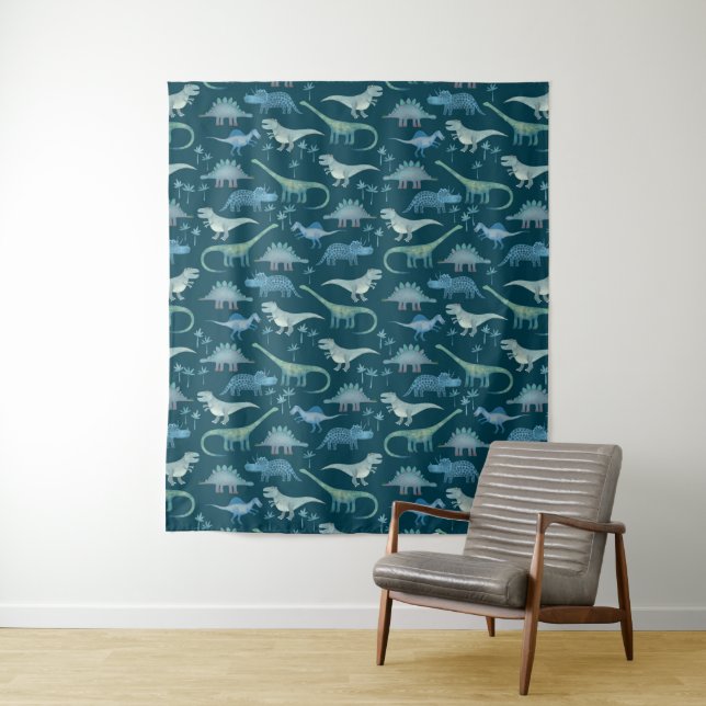 Dinosaur Pattern Teal Green Tapestry (In Situ)