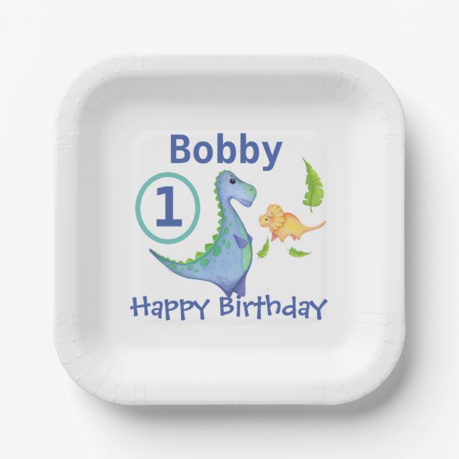 Dinosaur Personalise 1st Birthday Little Boy's Paper Plate (Front)