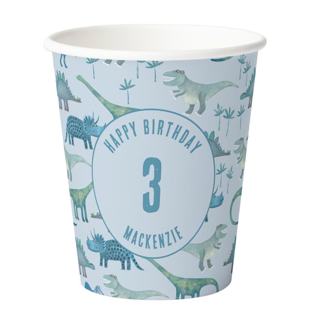 Dinosaur Personalised Age Kids Birthday Party Paper Cups (Fun personalized name and age dinosaur themed kids party paper cup)