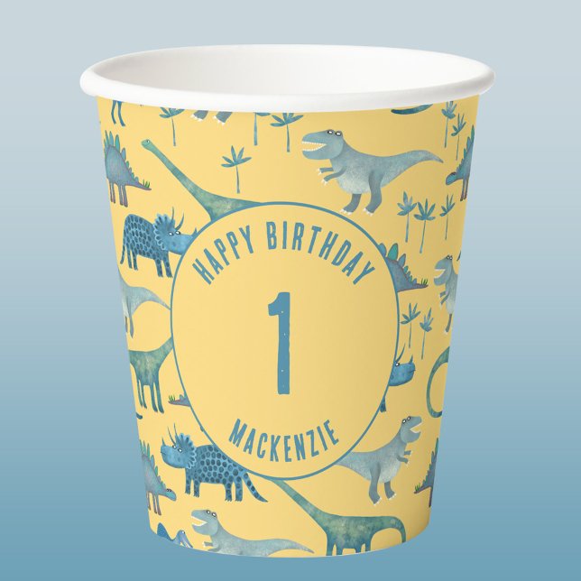 Dinosaur Personalised Age Kids Birthday Party Paper Cups (Fun personalized name and age dinosaur themed kids birthday party paper cups)