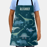 Dinosaur Personalised Apron<br><div class="desc">Lots of blue dinosaurs,  Tyrannosaurus rex,  Spinosaurus,  Stegosaurus,  Diplodocus and Triceratops on a dark teal green background.  Change the name to personalise. Original art by Nic Squirrell.</div>