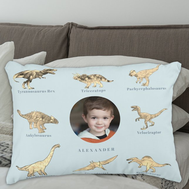 Dinosaur Personalised Boys Photo and Name Blue Decorative Cushion (Dinosaur boys personalized name and photo blue pillow with dinosaurs with their names Educational )