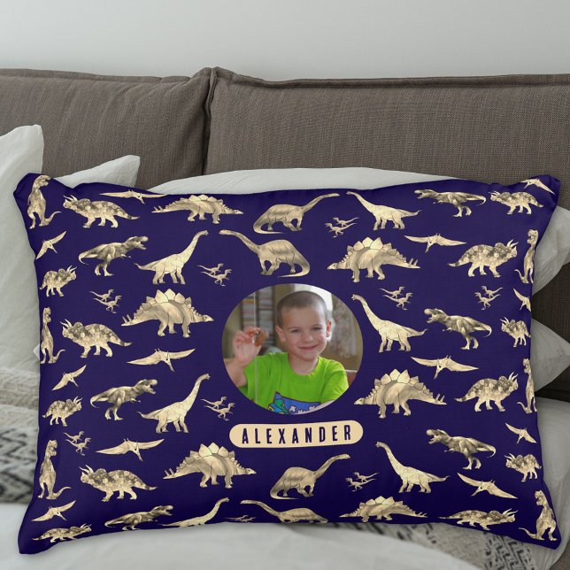 Dinosaur Personalised Boys Photo and Name Decorative Cushion (Dinosaur pattern personalized name and photo boys brown and navy blue pillow T-Rex velociraptor dino)