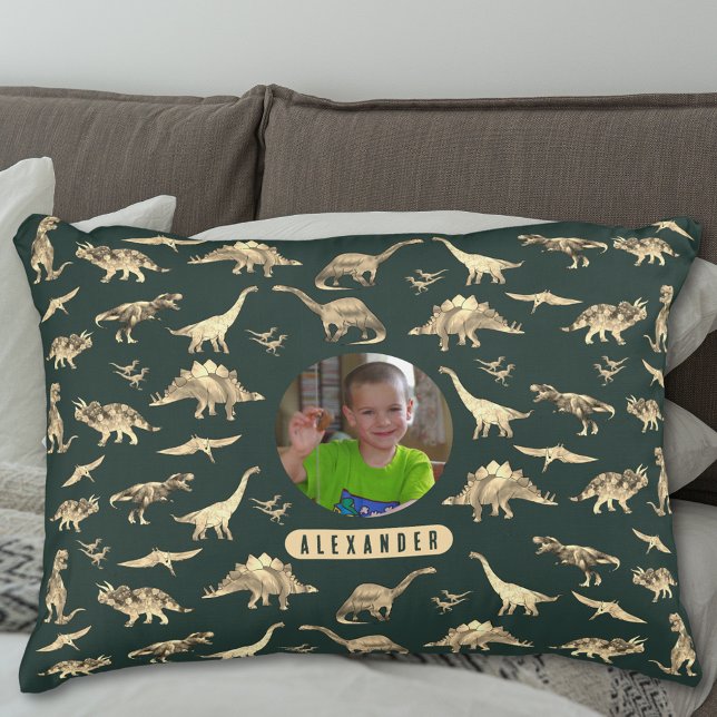 Dinosaur Personalised Boys Photo and Name Decorative Cushion (Dinosaur pattern personalized name and photo boys brown and green pillow T-Rex velociraptor dinos)