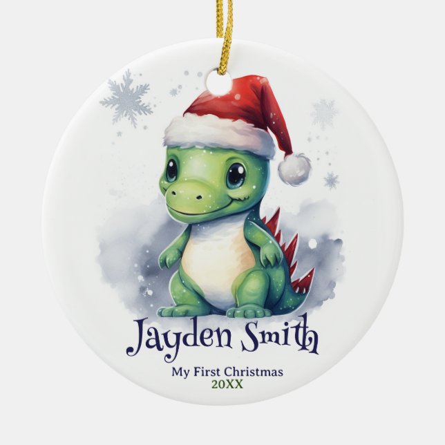 Dinosaur Personalised Name First Christmas Ceramic Ornament (Front)