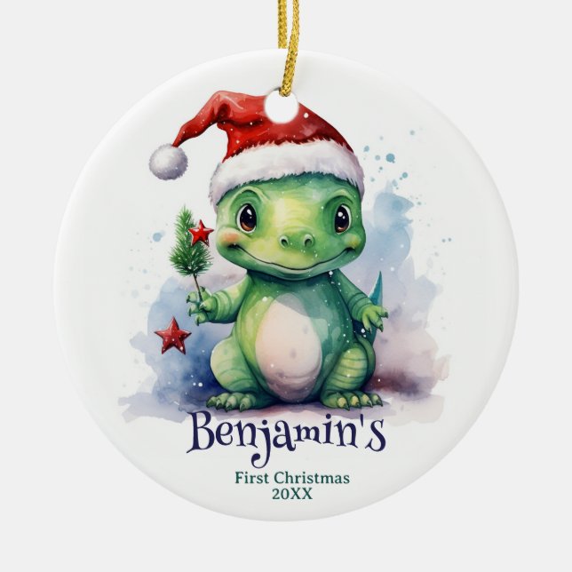 Dinosaur Personalised Name First Christmas Ceramic Ornament (Front)