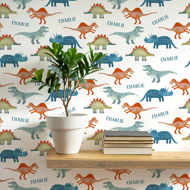 Dinosaur Personalised Name Wallpaper (Fun unique personalized dinosaur wallpaper with child's name for kid's room and nursery)