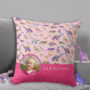 Dinosaur Personalised Photo and Name Pink Cushion