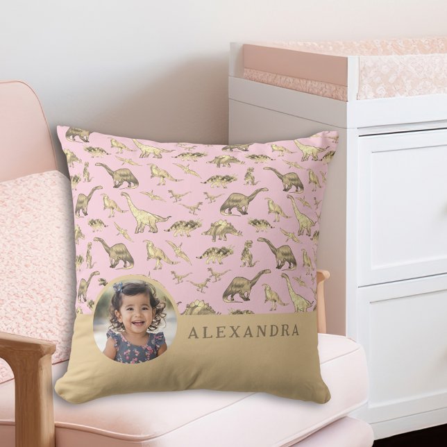Dinosaur Personalised Photo and Name Pink Cushion (Creator Uploaded)