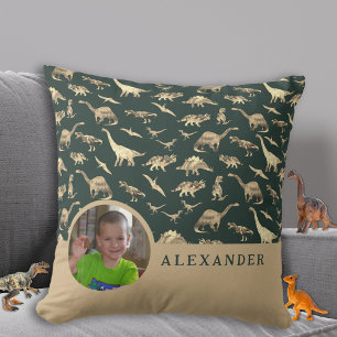 Dinosaur Personalized Photo and Name Green Cushion