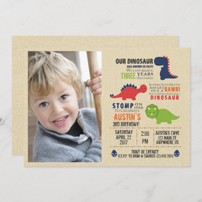 Dinosaur Photo Birthday Inviations Invitation (Front/Back)