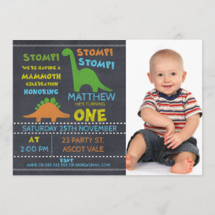 Dinosaur Photo Chalkboard 1st Birthday Invitation