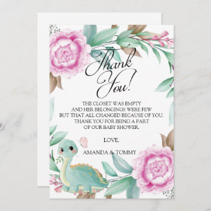 Dinosaur Pink Peony Baby Shower Thank You Card