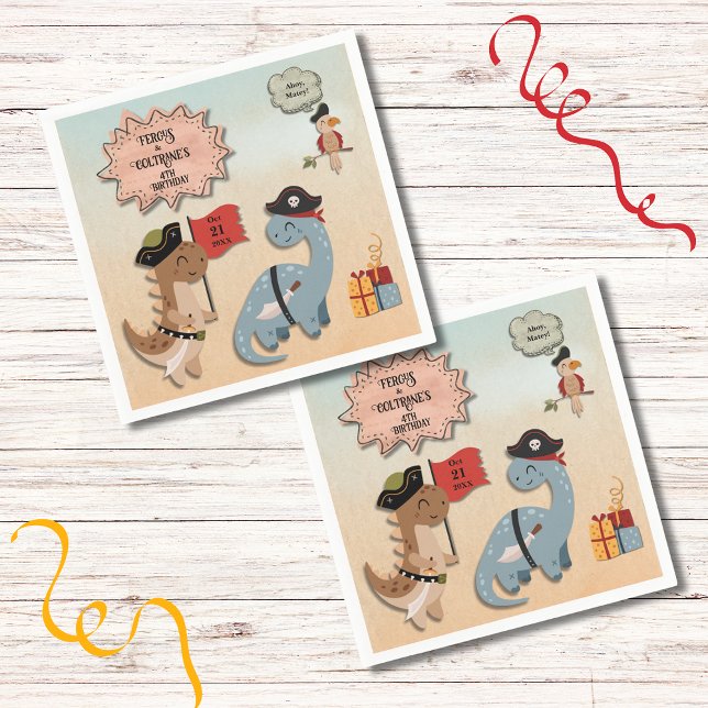 Dinosaur Pirate Birthday Party Twin Boys Custom Napkin (Your twin boys will love this Dino Pirate birthday party theme with TRex & Brontosaurus as Pirates!)