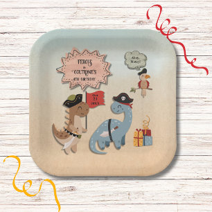 Dinosaur Pirate Birthday Party Twin Boys Custom Paper Plate