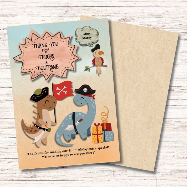 Dinosaur Pirate Birthday Party Twin Boys Custom Thank You Card (Dinosaur Pirate Twins Birthday Party Thank You Card. Boys will love the cute T-Rex & Brontosaurus!)