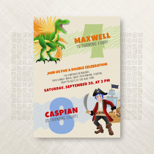 Dinosaur Pirate Joint Double Birthday Invitation