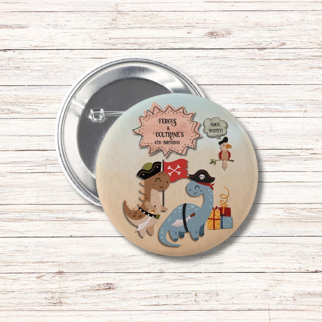 Dinosaur Pirate Twin Boys Birthday Party Custom 6 Cm Round Badge (These adorable dinosaur pirate twins birthday party buttons are great for your treat bags!
)