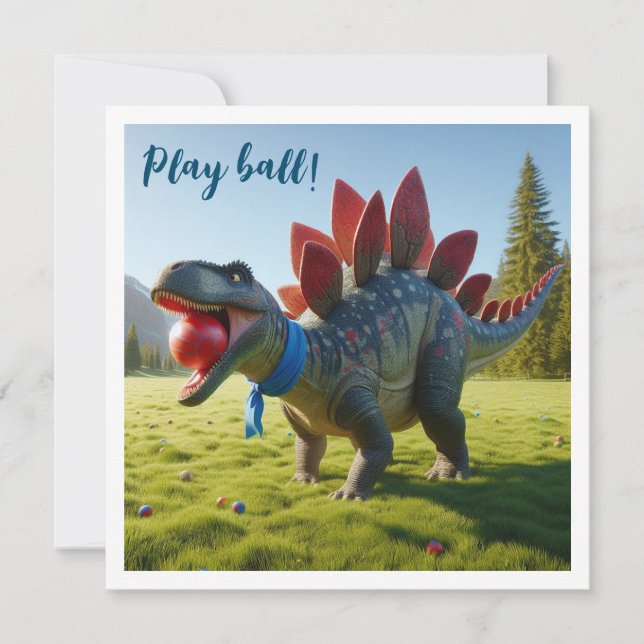 Dinosaur playing ball, stegosaurus birthday invite (Front)