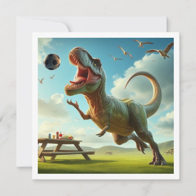 Dinosaur playing soccer, t-rex birthday invitation (Front)