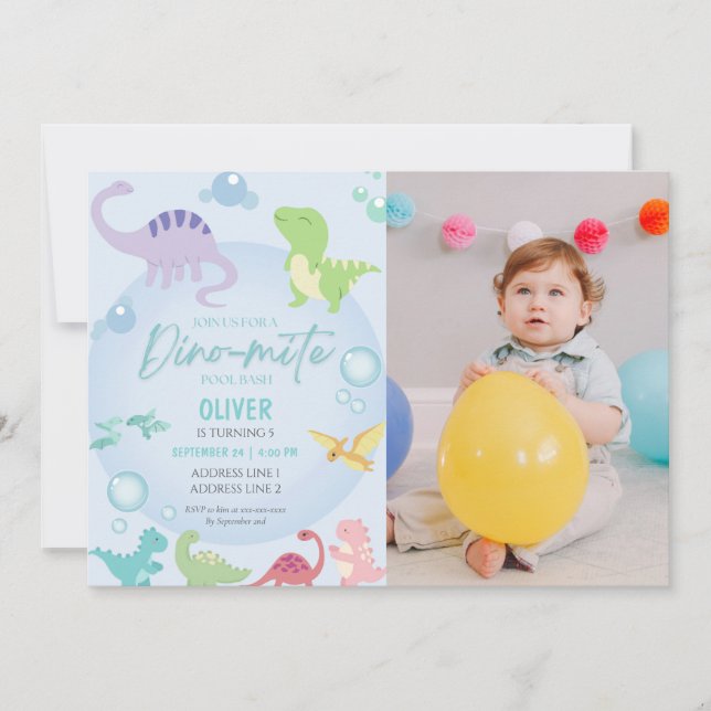 dinosaur pool party boy photo birthday invitation (Front)