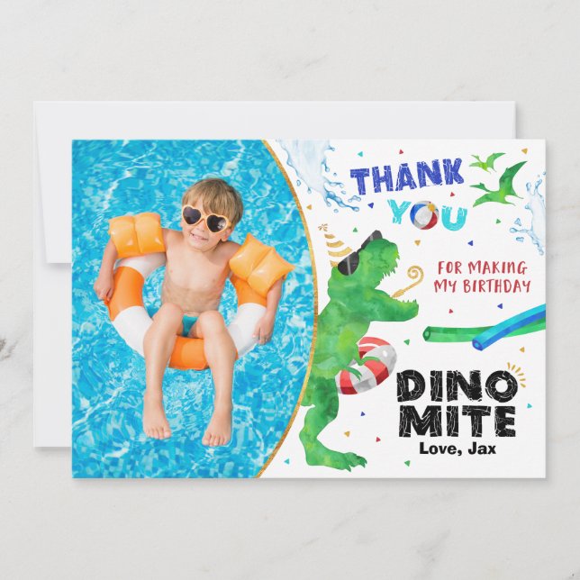 Dinosaur Pool Party Thank You Card with Photo (Front)