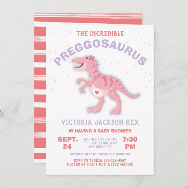 Dinosaur Preggosaurus Baby Shower Girl Invitation (Front/Back)
