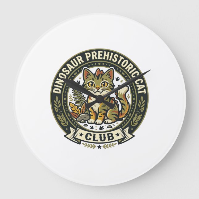 Dinosaur Prehistoric Cat Cat Graphic Tee Art - Din Large Clock (Front)