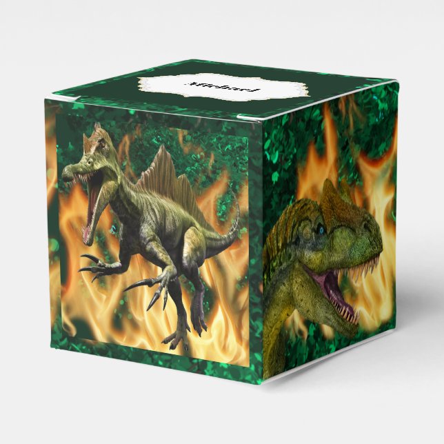 Dinosaur prehistoric jungle fire flames boys name favour box (Front Side)