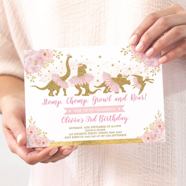 Dinosaur Princess Ballerina Pink Floral Birthday Invitation (Creator Uploaded)