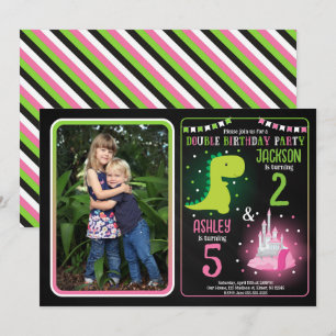 Dinosaur Princess Boy Girl Siblings Joint Birthday Invitation