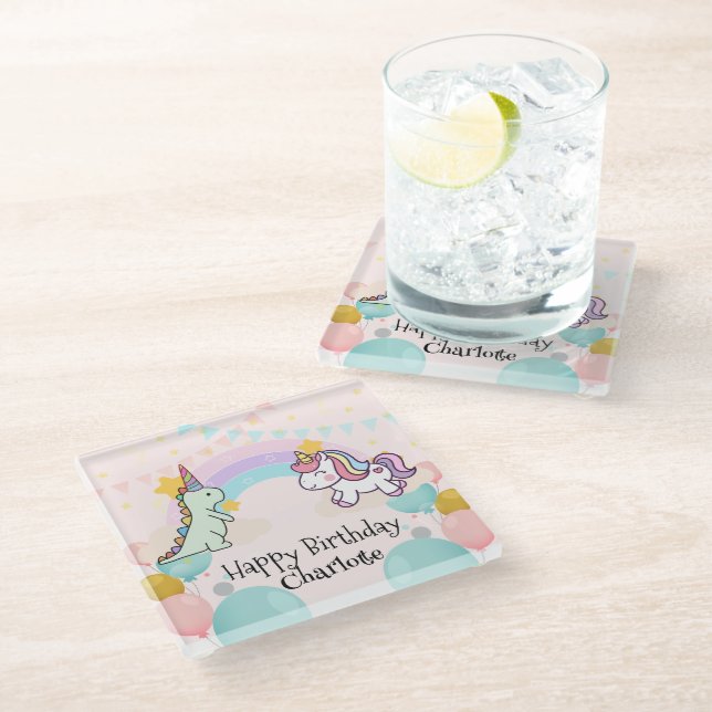  Dinosaur Rainbow Unicorn gradient birthday party  Glass Coaster (Angled)