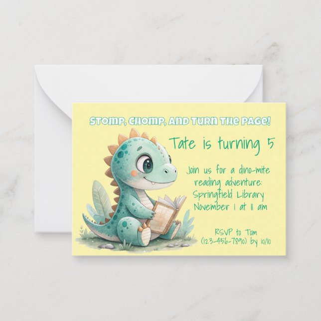 Dinosaur Reading a Book Birthday Invitation (Front)