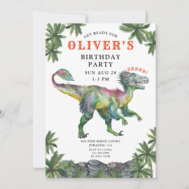 Dinosaur Red Green Black Kid's Birthday Invitation (Front)