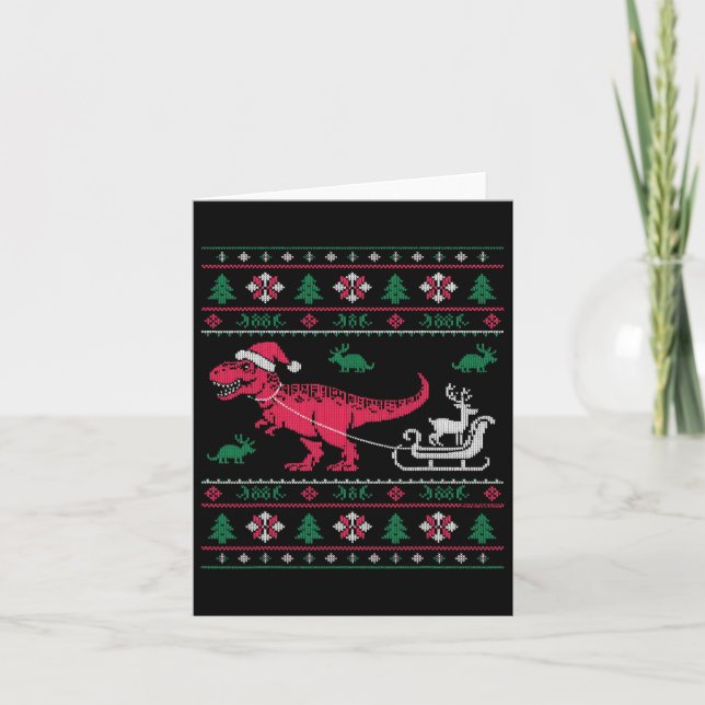 Dinosaur Reindeer Sleigh Ugly Christmas  Card (Front)