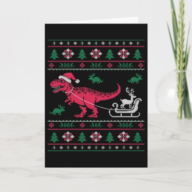 Dinosaur Reindeer Sleigh Ugly Christmas  Card (Front)
