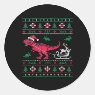 Dinosaur Reindeer Sleigh Ugly Christmas Classic Round Sticker