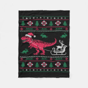 Dinosaur Reindeer Sleigh Ugly Christmas  Fleece Blanket