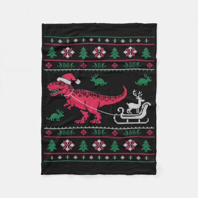 Dinosaur Reindeer Sleigh Ugly Christmas  Fleece Blanket (Front)