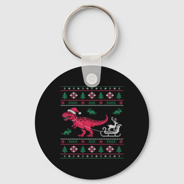 Dinosaur Reindeer Sleigh Ugly Christmas  Key Ring (Front)
