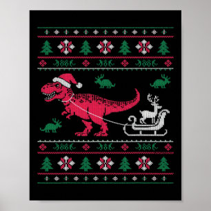 Dinosaur Reindeer Sleigh Ugly Christmas  Poster