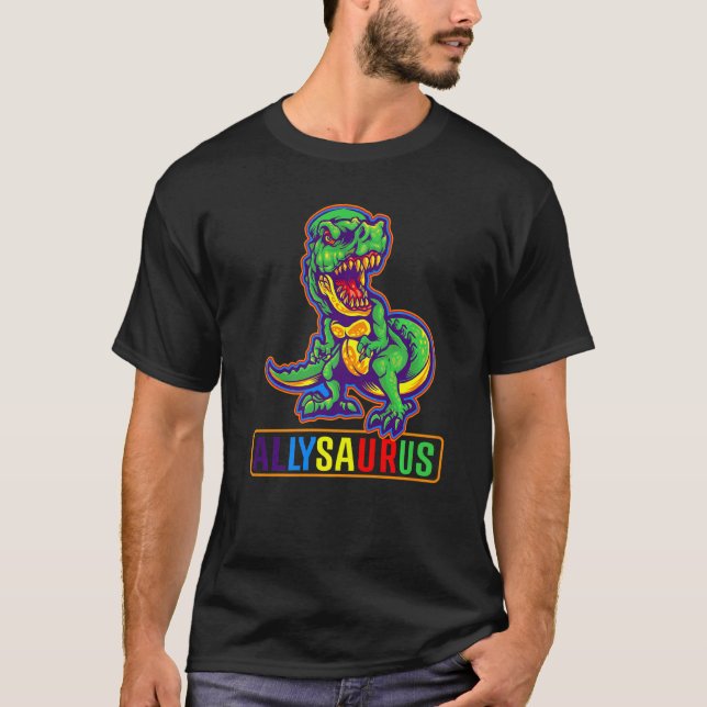 Dinosaur Rex Lgbt Gay Pride Flag Allysaurus Ally M T-Shirt (Front)